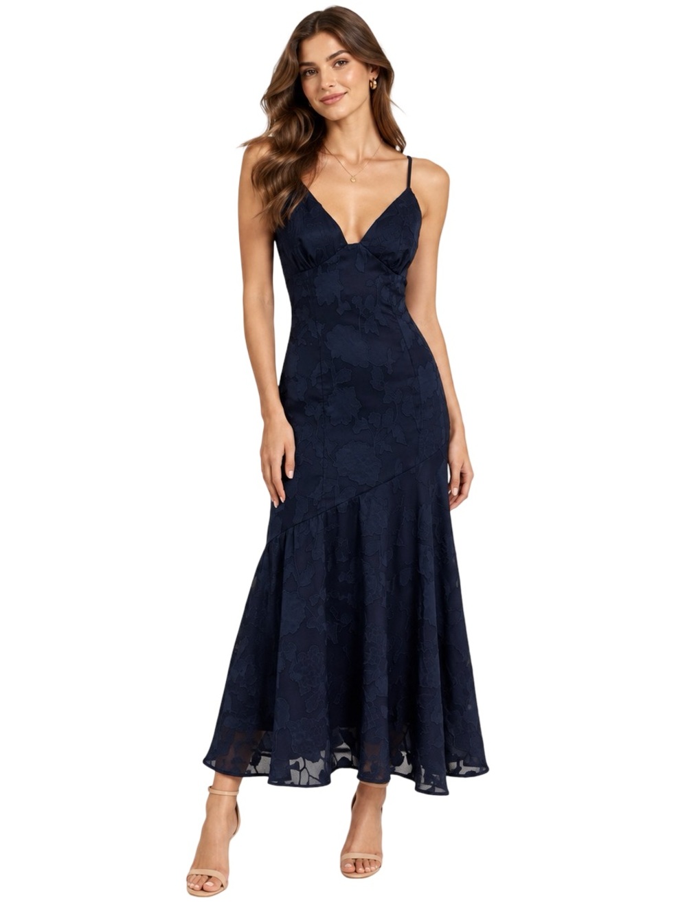 RIHOAS Navy Floral Jacquard V-Neck Mermaid Midi Dress Size Small